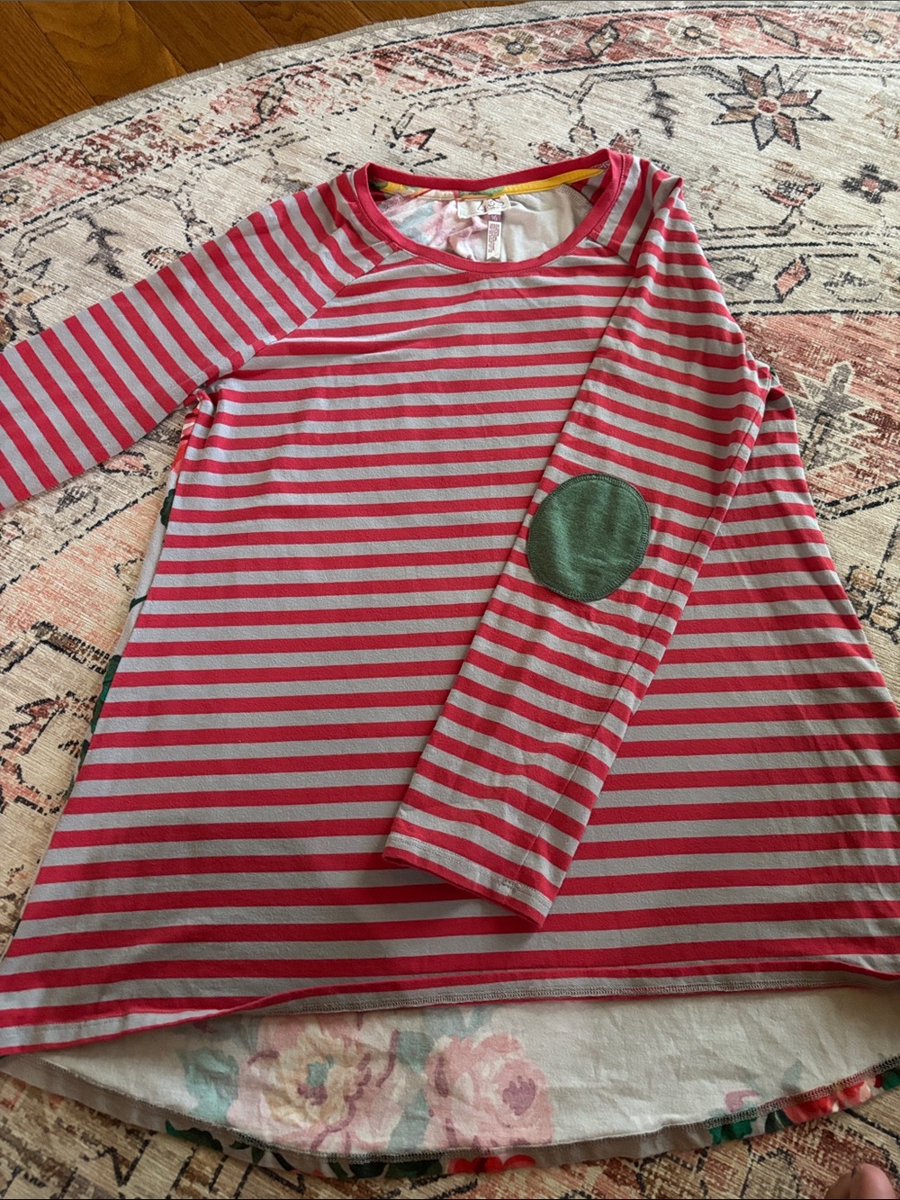 Matilda, Jane Girls' Red and Gray Stripe Long-Sleeve Top with Green Elbow Patch